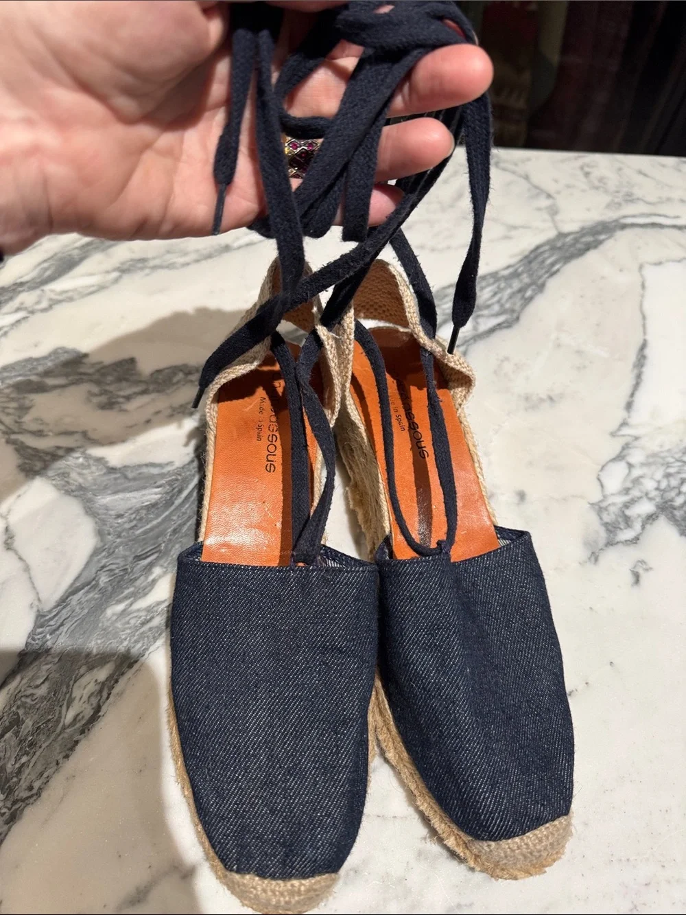 Andre Assous navy denim wedge espadrille
